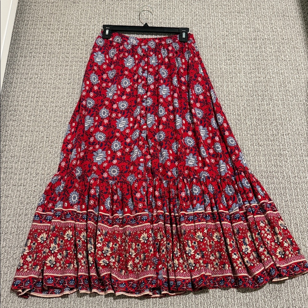 Mango Red Floral Tiered Maxi Skirt